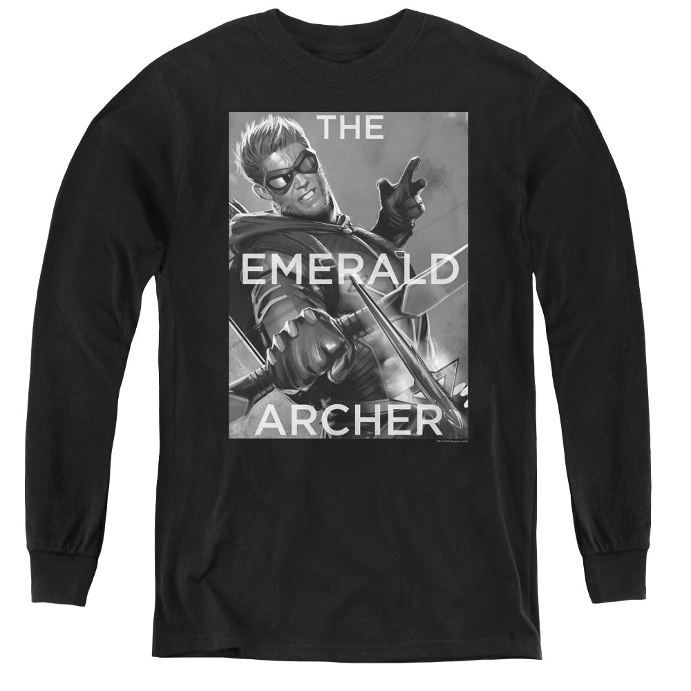 AN OFFCIALLY LICENSED JLA TRIGGER YOUTH LONG SLEEVE T-SHIRT BLACK
