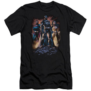AN OFFCIALLY LICENSED JLA TAKE A STAND MEN'S PREMIUM SLIM FIT T-SHIRT BLACK