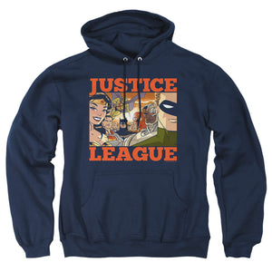 AN OFFCIALLY LICENSED JLA NEW DAWN GROUP ADULT UNISEX PULLOVER HOODIE NAVY