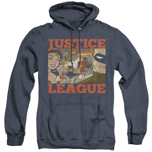 AN OFFCIALLY LICENSED JLA NEW DAWN GROUP ADULT UNISEX HEATHER PULLOVER HOODIE NAVY