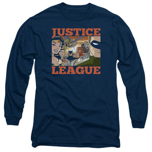 AN OFFCIALLY LICENSED JLA NEW DAWN GROUP MEN'S LONG SLEEVE T-SHIRT NAVY