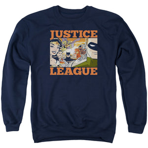AN OFFCIALLY LICENSED JLA NEW DAWN GROUP ADULT UNISEX CREWNECK SWEATSHIRT NAVY