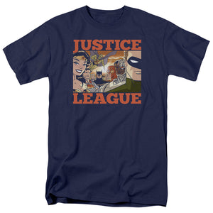 AN OFFCIALLY LICENSED JLA NEW DAWN GROUP MEN'S REGULAR FIT T-SHIRT NAVY
