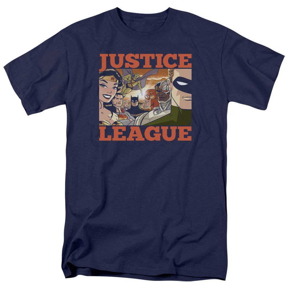 AN OFFCIALLY LICENSED JLA NEW DAWN GROUP MEN'S REGULAR FIT T-SHIRT NAVY