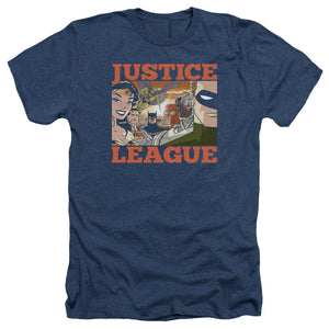 AN OFFCIALLY LICENSED JLA NEW DAWN GROUP MEN'S HEATHER T-SHIRT NAVY