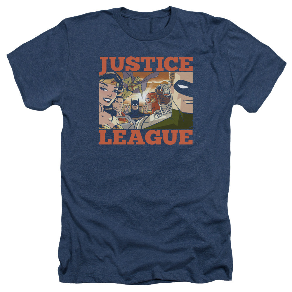 AN OFFCIALLY LICENSED JLA NEW DAWN GROUP MEN'S HEATHER T-SHIRT NAVY
