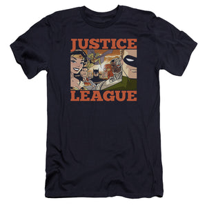 AN OFFCIALLY LICENSED JLA NEW DAWN GROUP MEN'S PREMIUM SLIM FIT T-SHIRT NAVY