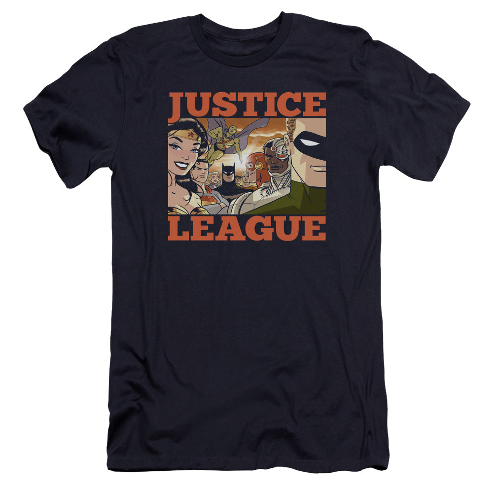 AN OFFCIALLY LICENSED JLA NEW DAWN GROUP MEN'S PREMIUM SLIM FIT T-SHIRT NAVY