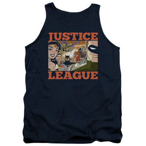 AN OFFCIALLY LICENSED JLA NEW DAWN GROUP ADULT UNISEX TANK TOP NAVY