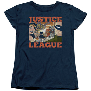 AN OFFCIALLY LICENSED JLA NEW DAWN GROUP WOMEN'S REGULAR FIT T-SHIRT NAVY