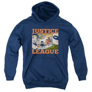 AN OFFCIALLY LICENSED JLA NEW DAWN GROUP YOUTH HOODIE NAVY