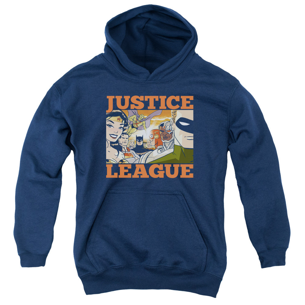 AN OFFCIALLY LICENSED JLA NEW DAWN GROUP YOUTH HOODIE NAVY