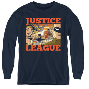AN OFFCIALLY LICENSED JLA NEW DAWN GROUP YOUTH LONG SLEEVE T-SHIRT NAVY