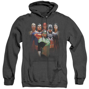 AN OFFCIALLY LICENSED JLA ROLL CALL ADULT UNISEX HEATHER PULLOVER HOODIE BLACK
