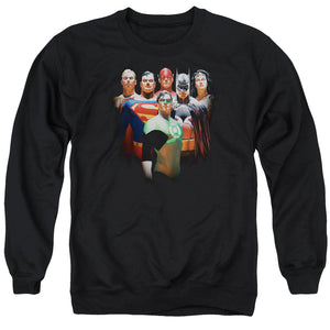 AN OFFCIALLY LICENSED JLA ROLL CALL ADULT UNISEX CREWNECK SWEATSHIRT BLACK