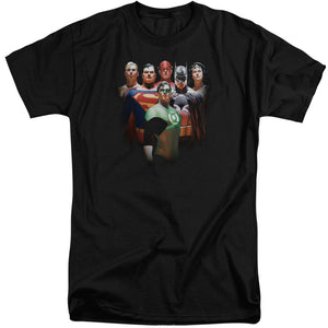 AN OFFCIALLY LICENSED JLA ROLL CALL MEN'S TALL FIT T-SHIRT BLACK