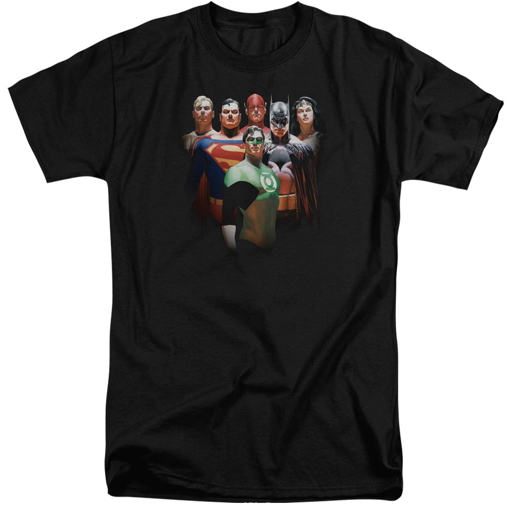 AN OFFCIALLY LICENSED JLA ROLL CALL MEN'S TALL FIT T-SHIRT BLACK