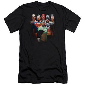 AN OFFCIALLY LICENSED JLA ROLL CALL MEN'S PREMIUM SLIM FIT T-SHIRT BLACK