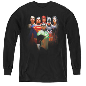 AN OFFCIALLY LICENSED JLA ROLL CALL YOUTH LONG SLEEVE T-SHIRT BLACK