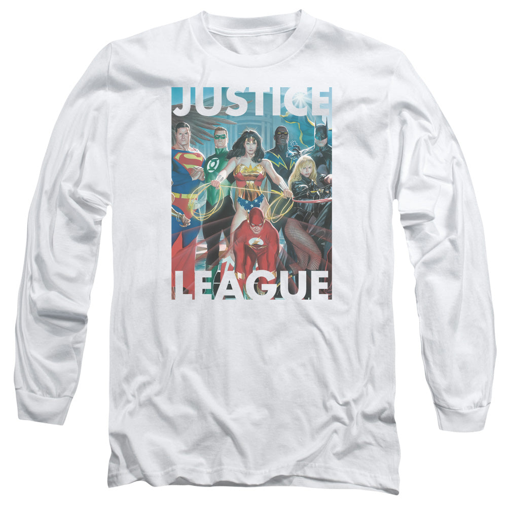 AN OFFCIALLY LICENSED JLA HALL OF JUSTICE MEN'S LONG SLEEVE T-SHIRT WHITE