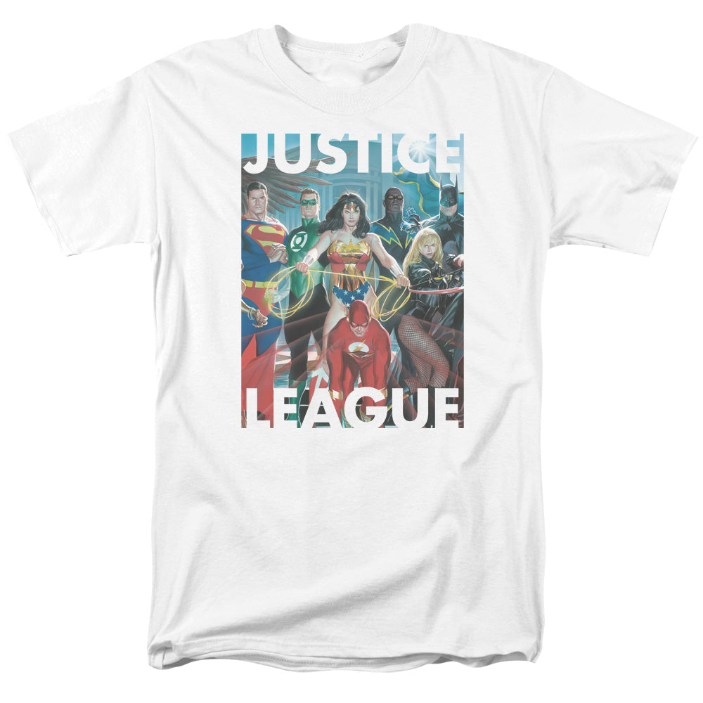 AN OFFCIALLY LICENSED JLA HALL OF JUSTICE MEN'S REGULAR FIT T-SHIRT WHITE