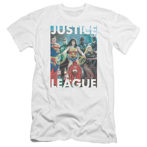 AN OFFCIALLY LICENSED JLA HALL OF JUSTICE MEN'S PREMIUM SLIM FIT T-SHIRT WHITE
