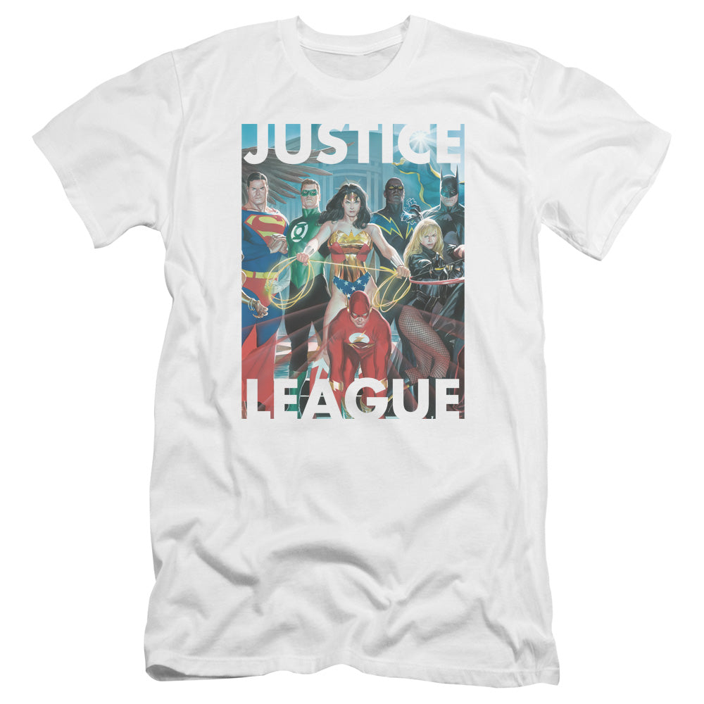 AN OFFCIALLY LICENSED JLA HALL OF JUSTICE MEN'S PREMIUM SLIM FIT T-SHIRT WHITE