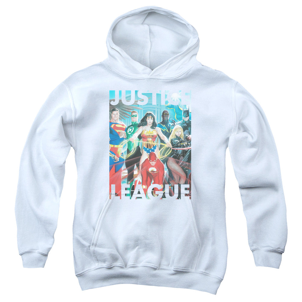 AN OFFCIALLY LICENSED JLA HALL OF JUSTICE YOUTH HOODIE WHITE