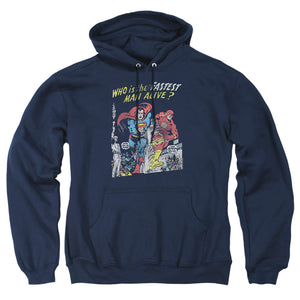 AN OFFCIALLY LICENSED JLA FASTEST MAN ADULT UNISEX PULLOVER HOODIE NAVY