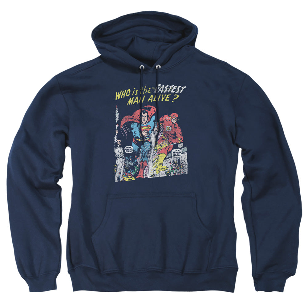 AN OFFCIALLY LICENSED JLA FASTEST MAN ADULT UNISEX PULLOVER HOODIE NAVY