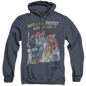 AN OFFCIALLY LICENSED JLA FASTEST MAN ADULT UNISEX HEATHER PULLOVER HOODIE NAVY