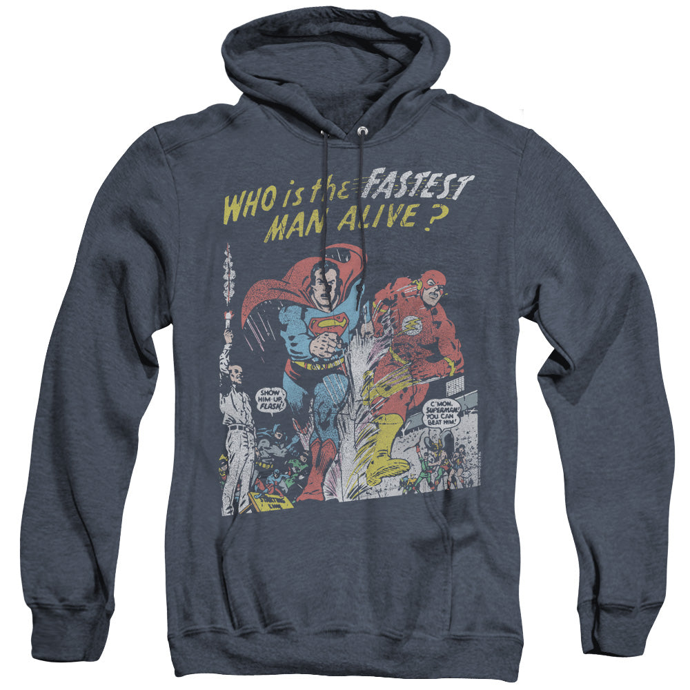 AN OFFCIALLY LICENSED JLA FASTEST MAN ADULT UNISEX HEATHER PULLOVER HOODIE NAVY