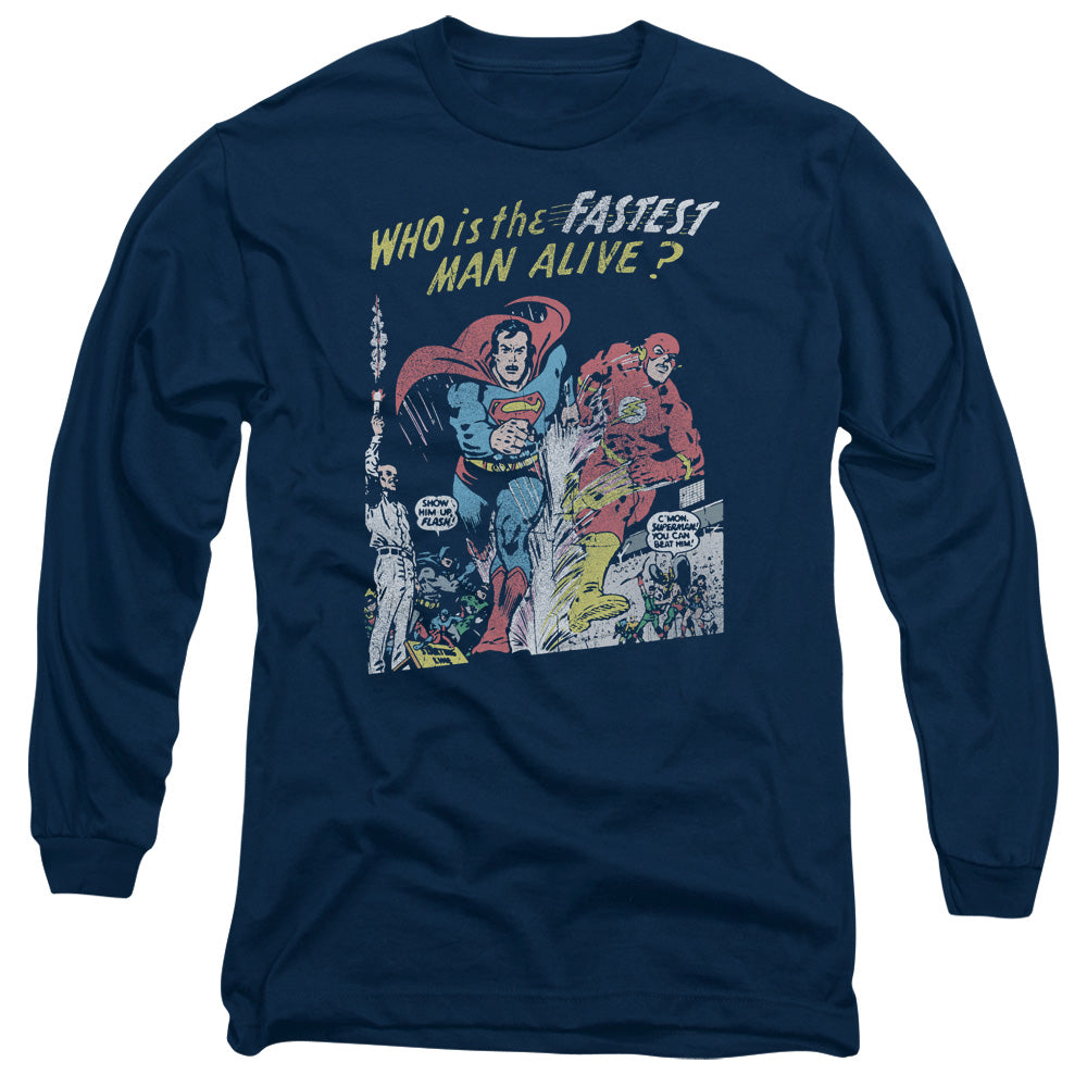 AN OFFCIALLY LICENSED JLA FASTEST MAN MEN'S LONG SLEEVE T-SHIRT NAVY