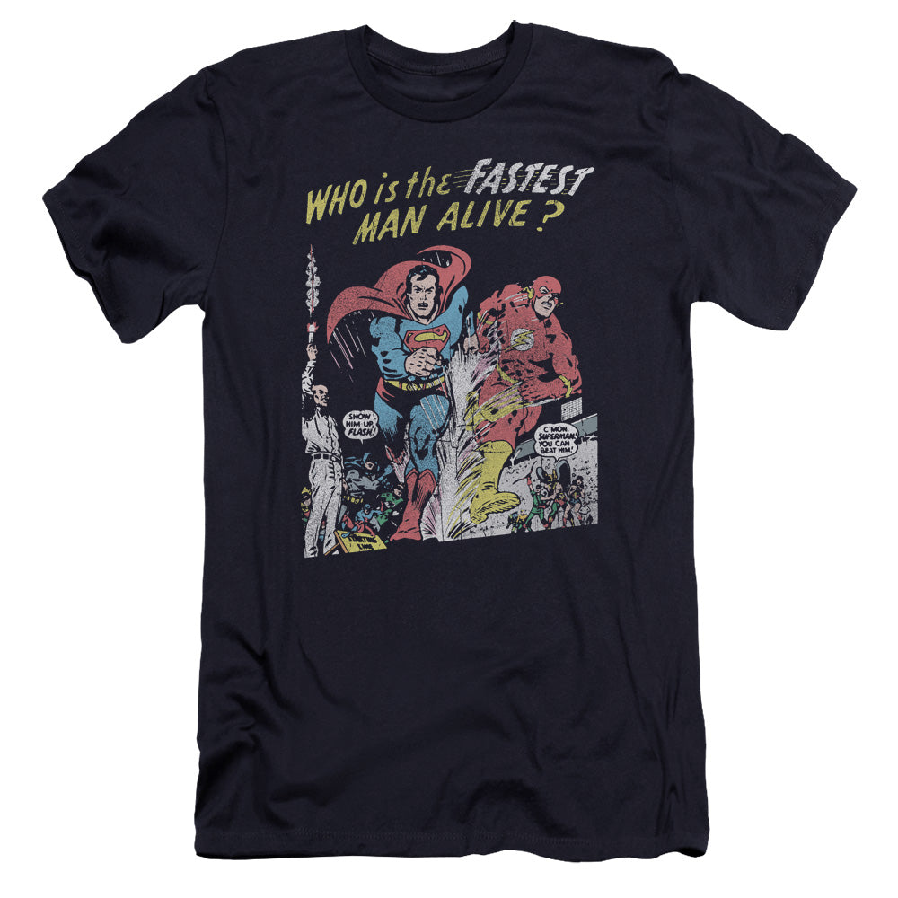AN OFFCIALLY LICENSED JLA FASTEST MAN MEN'S PREMIUM SLIM FIT T-SHIRT NAVY