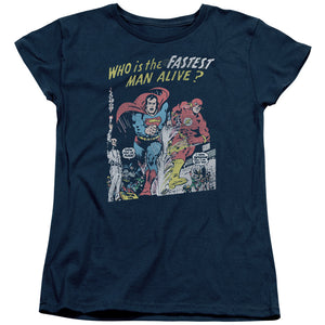 AN OFFCIALLY LICENSED JLA FASTEST MAN WOMEN'S REGULAR FIT T-SHIRT NAVY