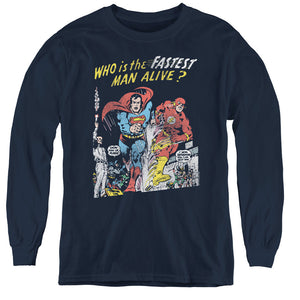 AN OFFCIALLY LICENSED JLA FASTEST MAN YOUTH LONG SLEEVE T-SHIRT NAVY