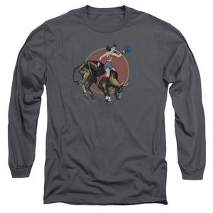 AN OFFCIALLY LICENSED JLA BULL RIDER MEN'S LONG SLEEVE T-SHIRT CHARCOAL