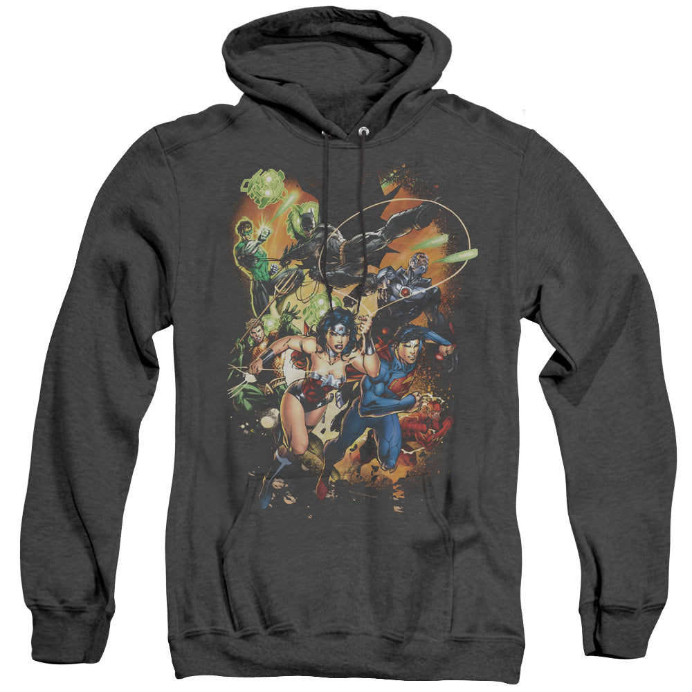 AN OFFCIALLY LICENSED JLA BATTLE READY ADULT UNISEX HEATHER PULLOVER HOODIE BLACK