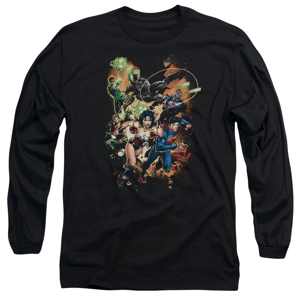 AN OFFCIALLY LICENSED JLA BATTLE READY MEN'S LONG SLEEVE T-SHIRT BLACK