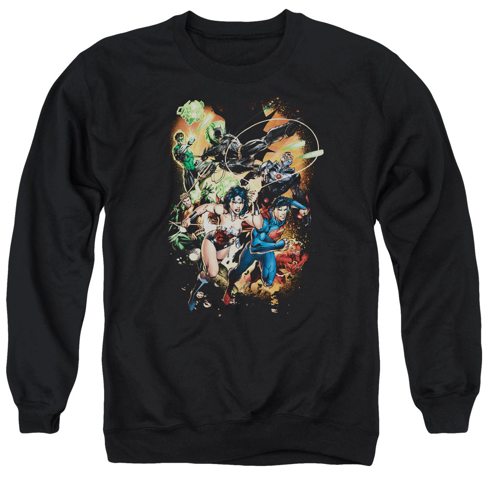 AN OFFCIALLY LICENSED JLA BATTLE READY ADULT UNISEX CREWNECK SWEATSHIRT BLACK