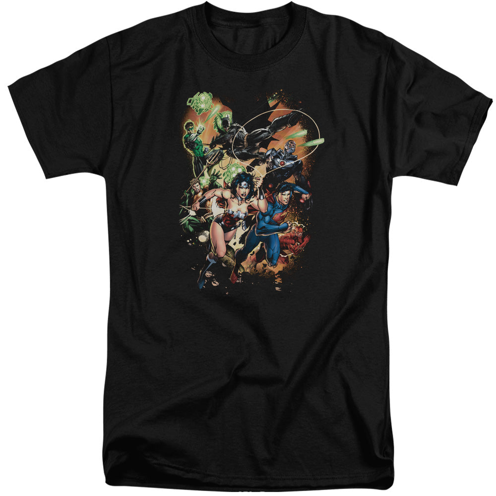 AN OFFCIALLY LICENSED JLA BATTLE READY MEN'S TALL FIT T-SHIRT BLACK
