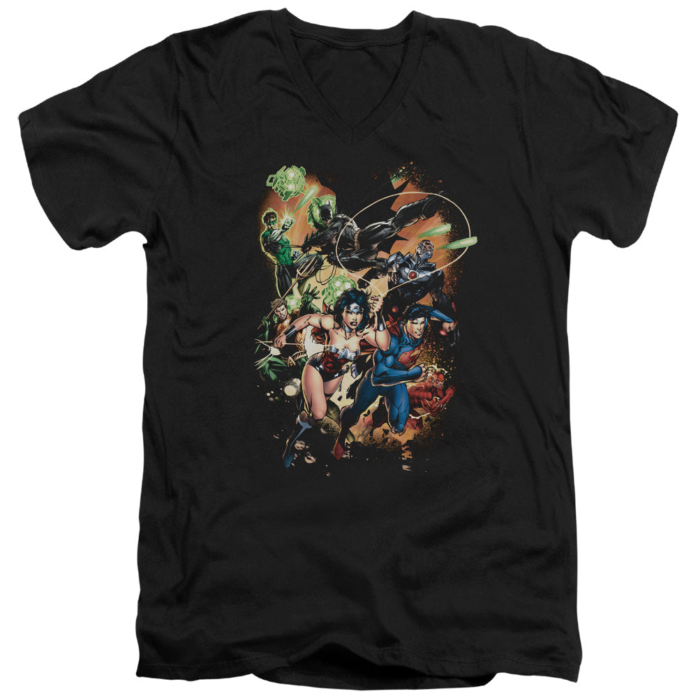 AN OFFCIALLY LICENSED JLA BATTLE READY MEN'S V-NECK T-SHIRT BLACK
