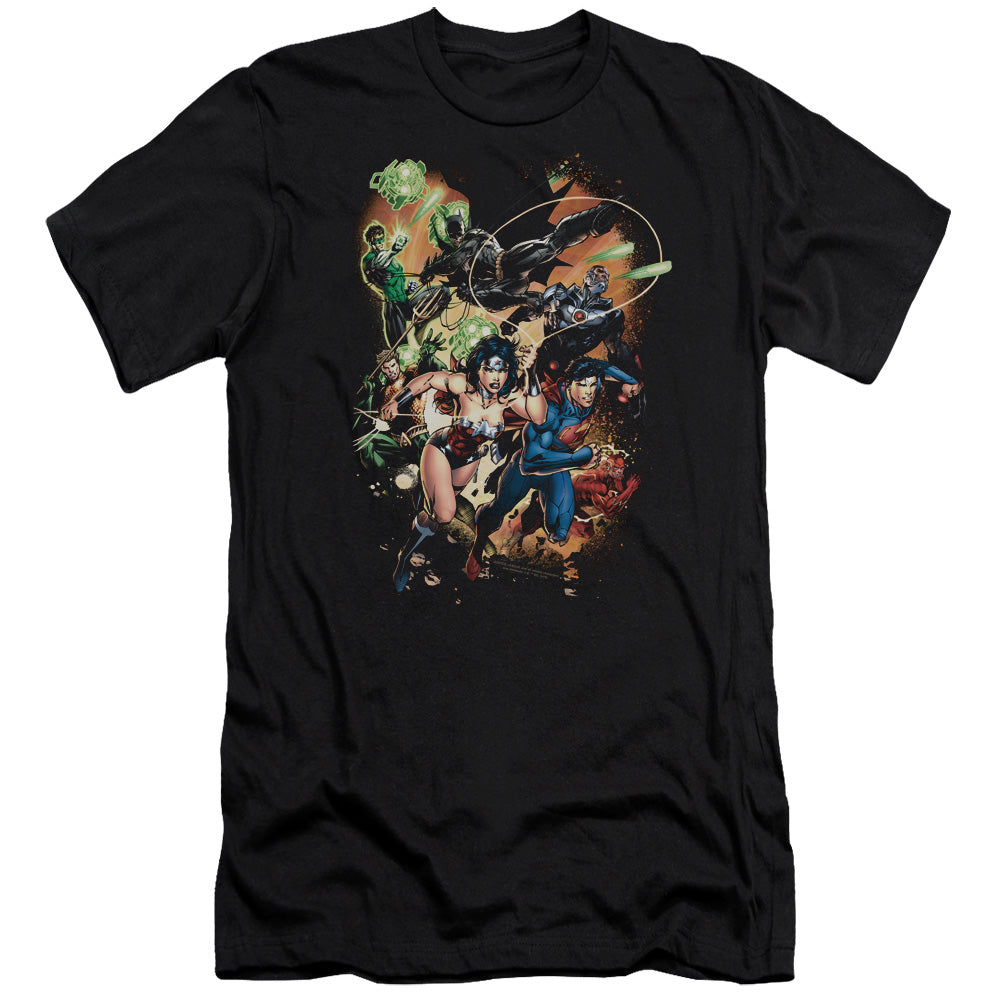 AN OFFCIALLY LICENSED JLA BATTLE READY MEN'S PREMIUM SLIM FIT T-SHIRT BLACK