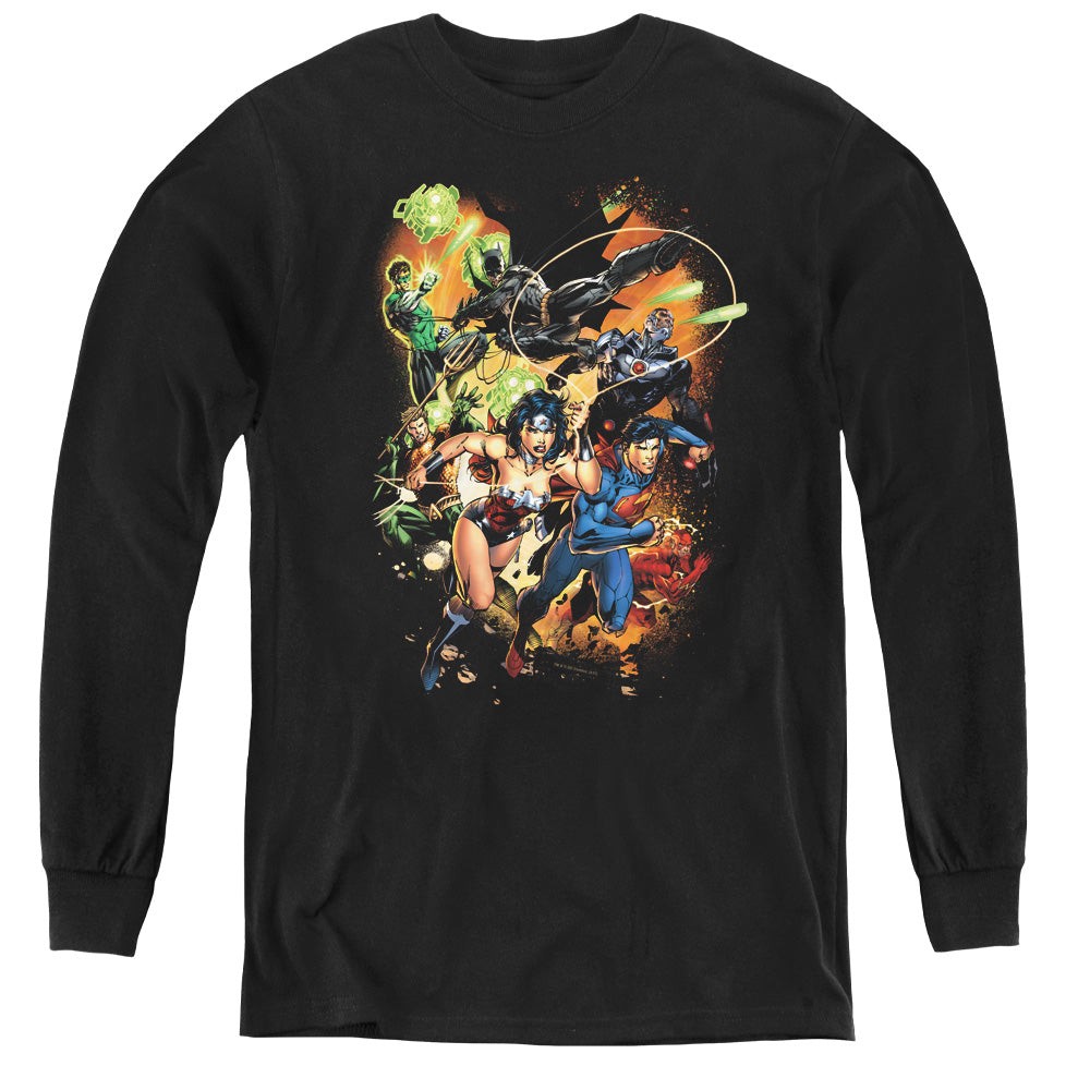 AN OFFCIALLY LICENSED JLA BATTLE READY YOUTH LONG SLEEVE T-SHIRT BLACK