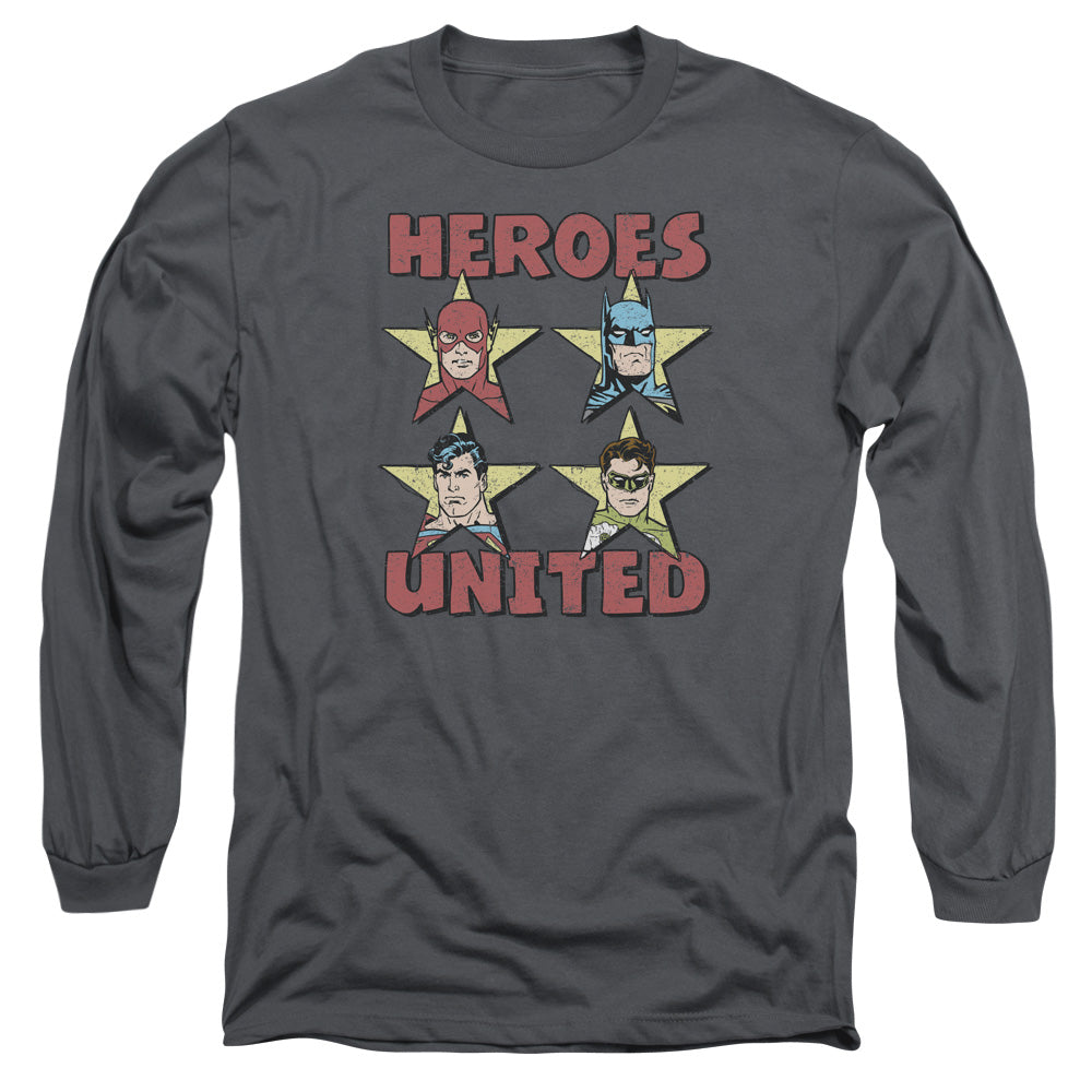 AN OFFCIALLY LICENSED JLA UNITED STARS MEN'S LONG SLEEVE T-SHIRT CHARCOAL