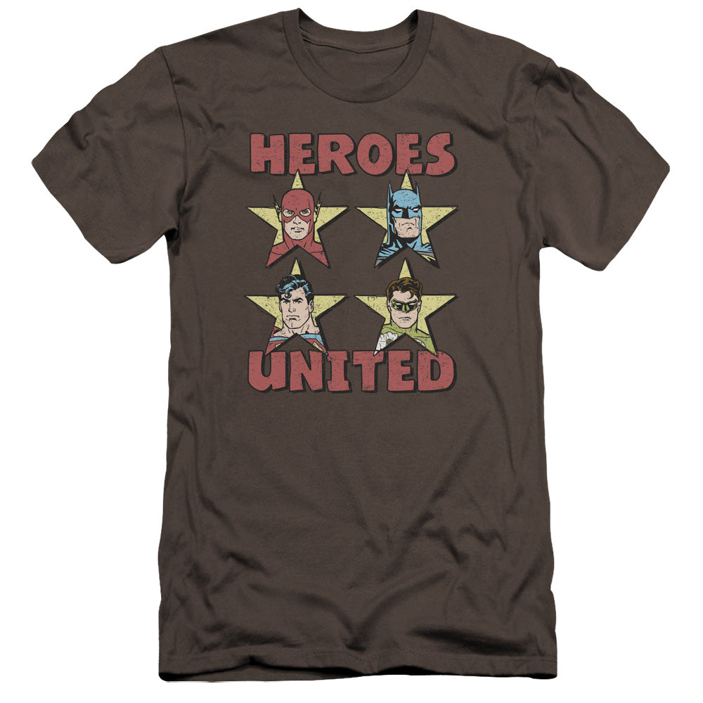 AN OFFCIALLY LICENSED JLA UNITED STARS MEN'S PREMIUM SLIM FIT T-SHIRT CHARCOAL