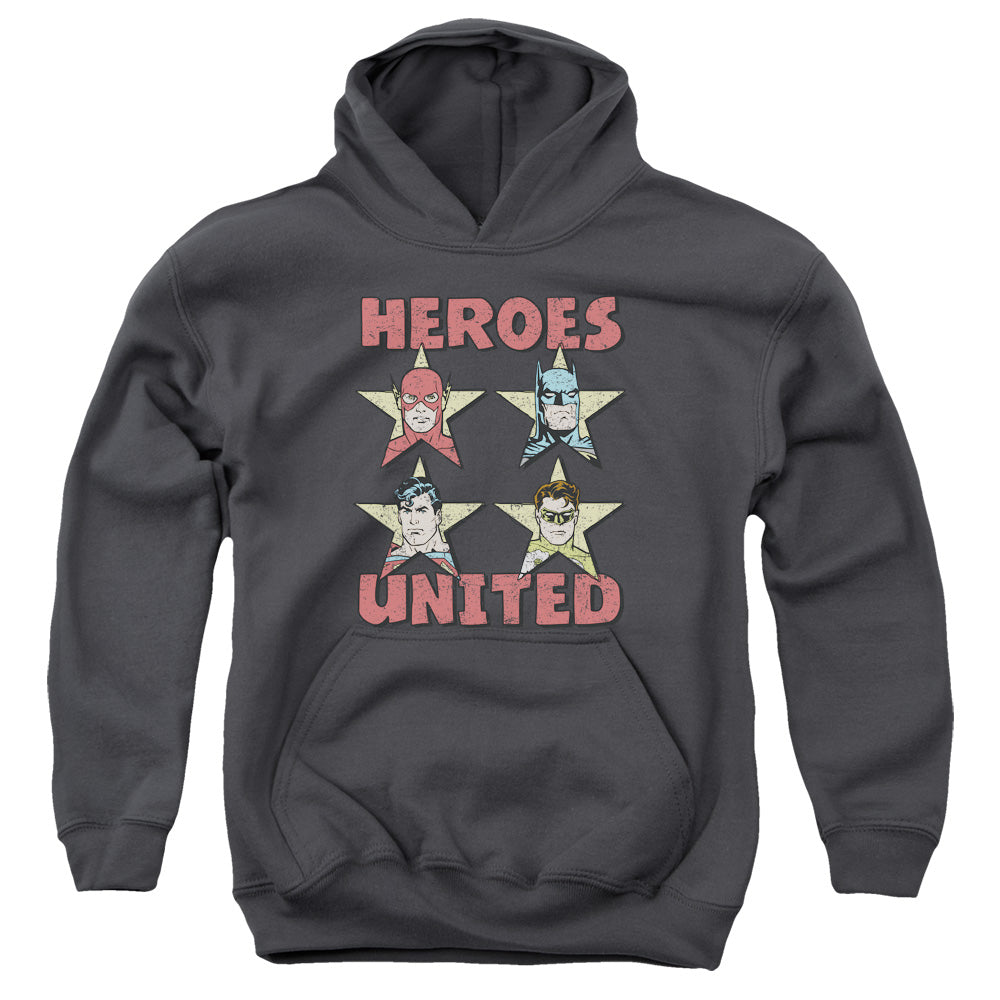 AN OFFCIALLY LICENSED JLA UNITED STARS YOUTH HOODIE CHARCOAL