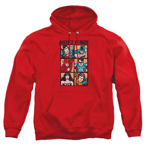 AN OFFCIALLY LICENSED JLA ROUGH PANELS ADULT UNISEX PULLOVER HOODIE RED