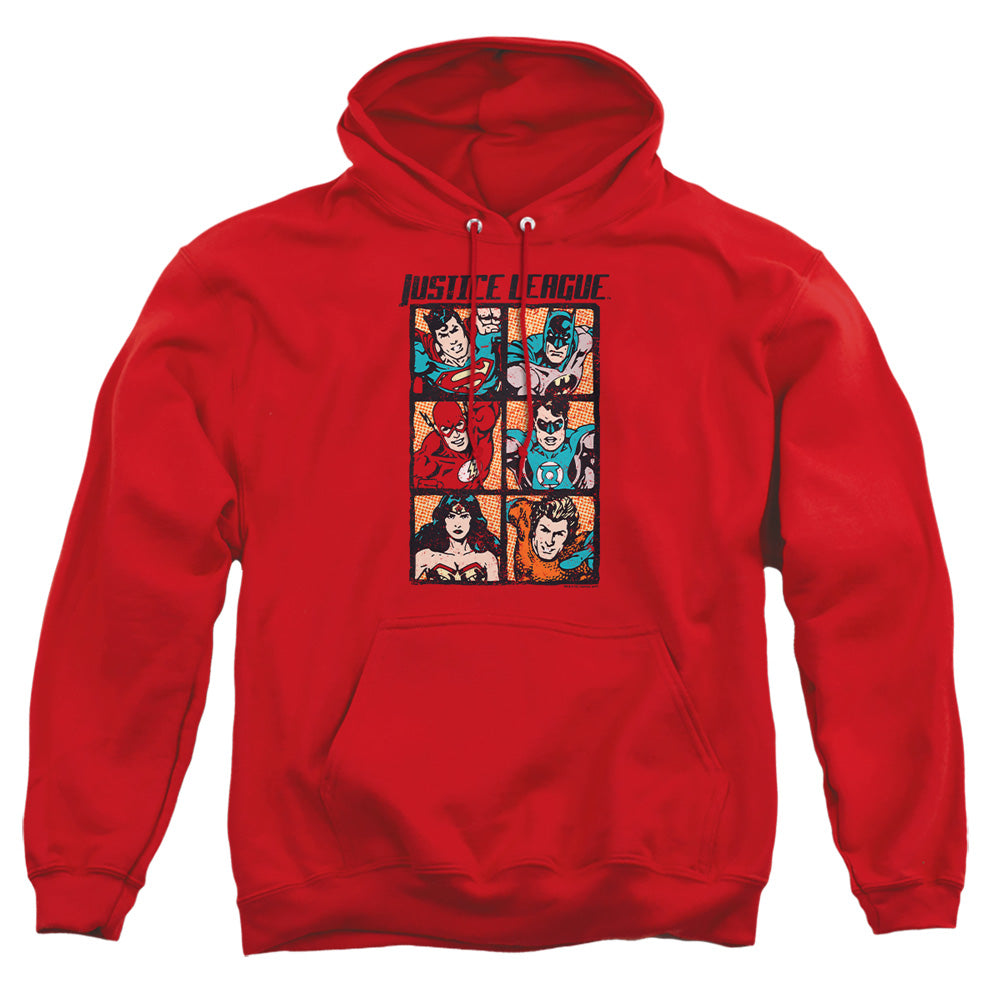 AN OFFCIALLY LICENSED JLA ROUGH PANELS ADULT UNISEX PULLOVER HOODIE RED