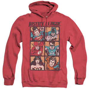 AN OFFCIALLY LICENSED JLA ROUGH PANELS ADULT UNISEX HEATHER PULLOVER HOODIE RED